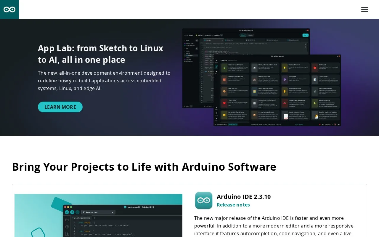 Screenshot of the Arduino IDE 2 homepage