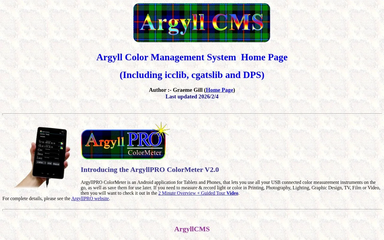 Screenshot of the ArgyllCMS homepage
