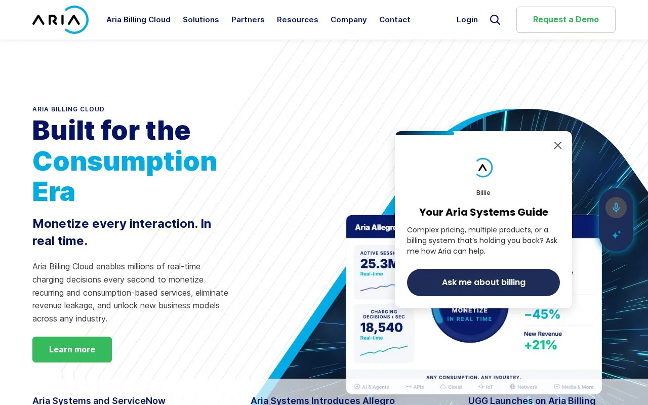 Screenshot of the Aria Billing Cloud homepage