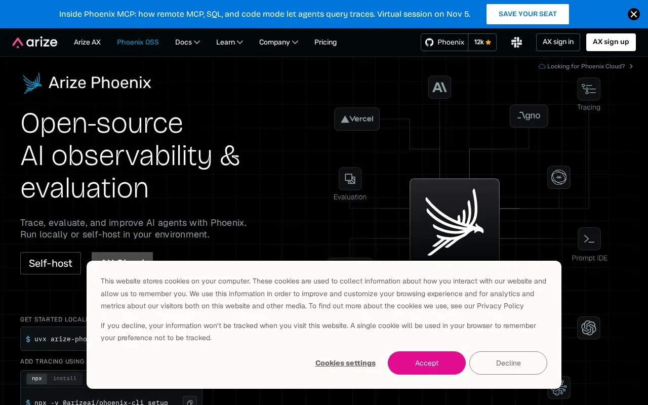 Screenshot of the Arize Phoenix homepage