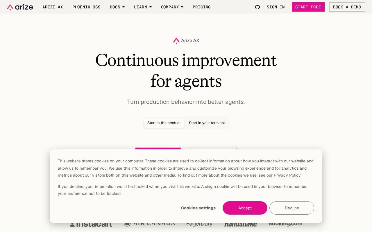Screenshot of the Arize AX homepage
