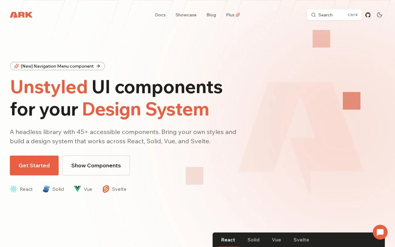 Screenshot of the Ark UI homepage