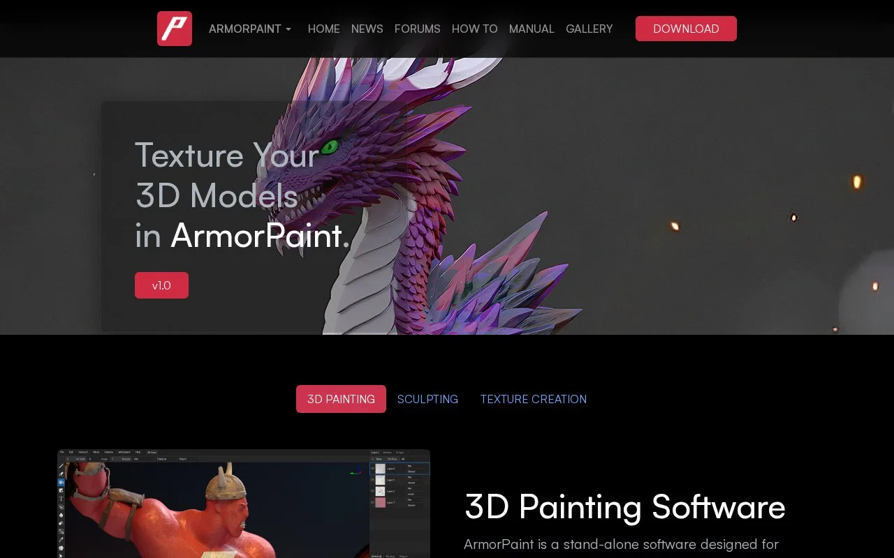 Screenshot of the ArmorPaint homepage