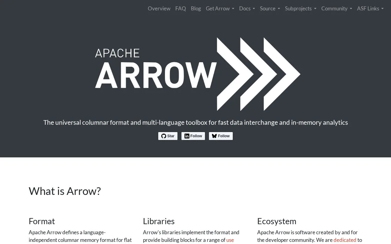 Screenshot of the Apache Arrow homepage