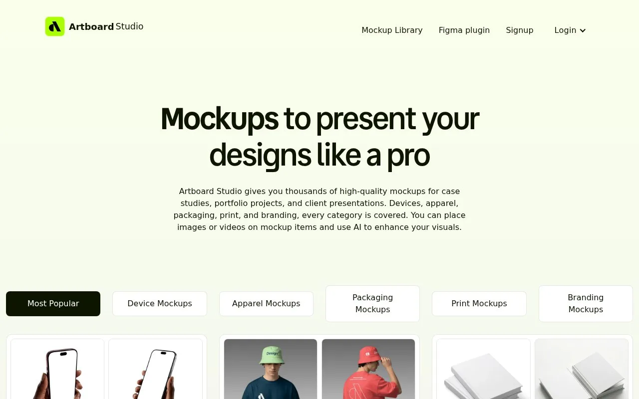 Screenshot of the Artboard Studio homepage