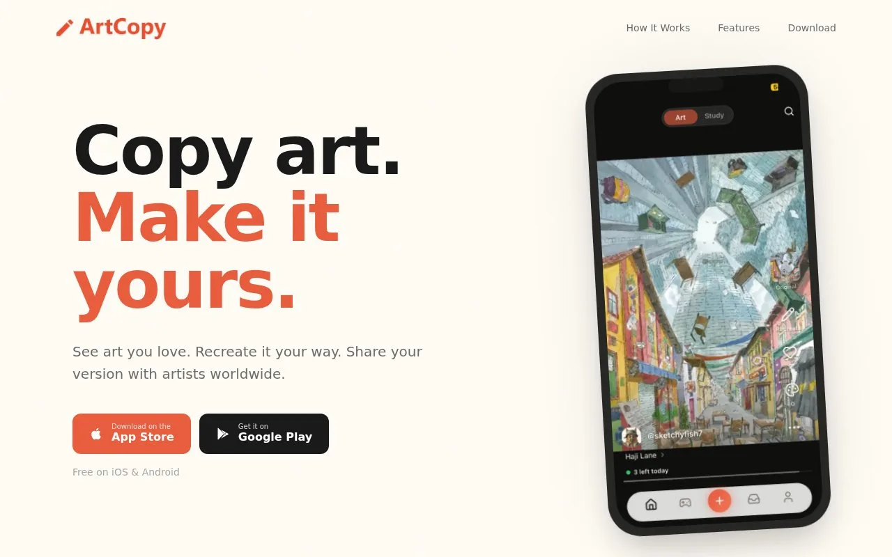 Screenshot of the ArtCopy homepage