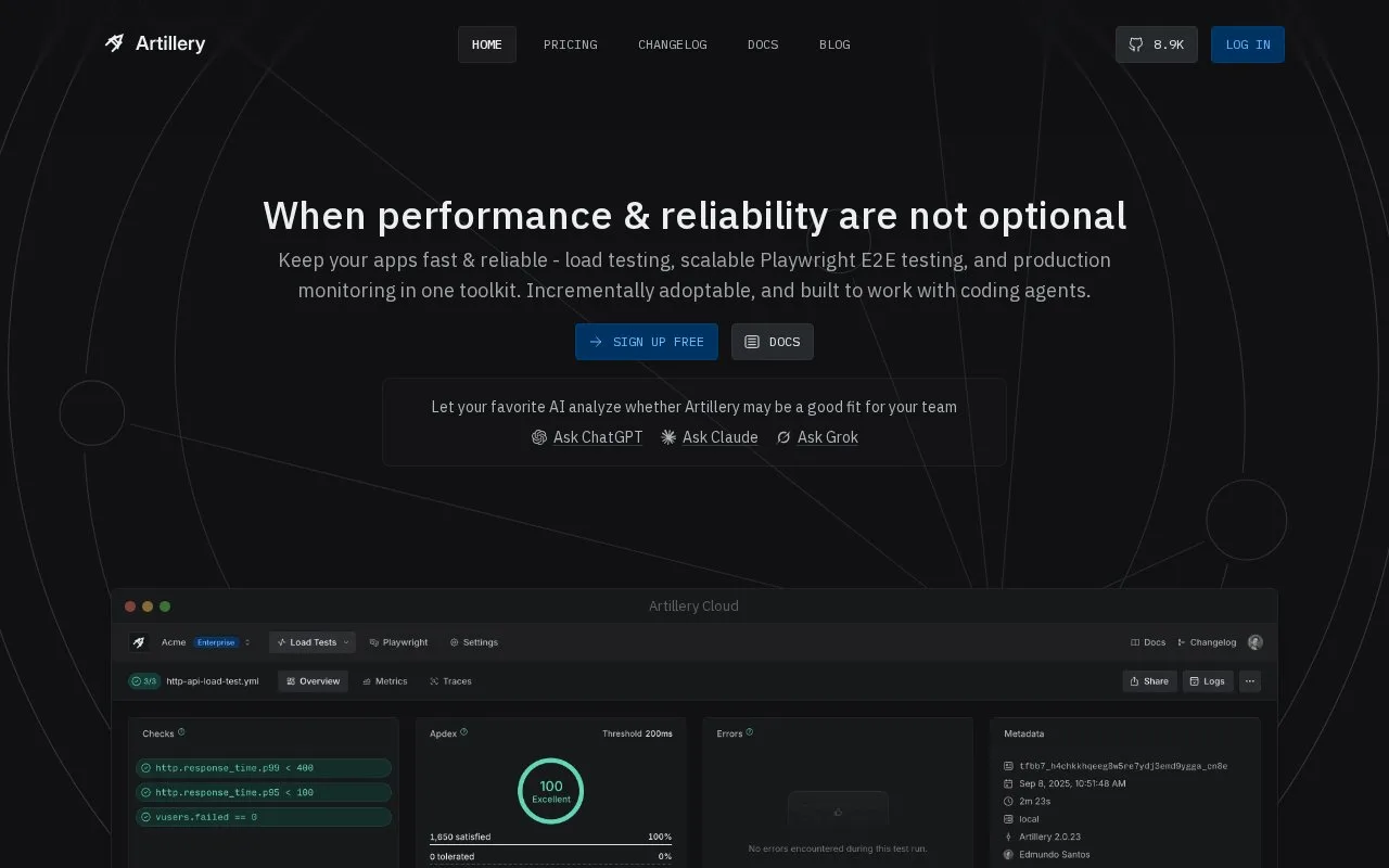 Screenshot of the Artillery homepage