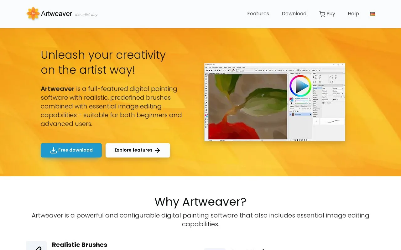 Screenshot of the Artweaver homepage