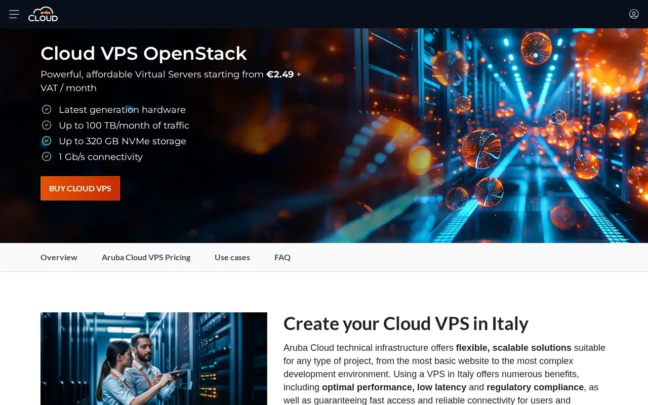 Screenshot of the Aruba Cloud VPS OpenStack homepage