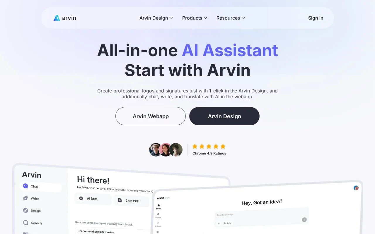 Screenshot of the Arvin AI homepage
