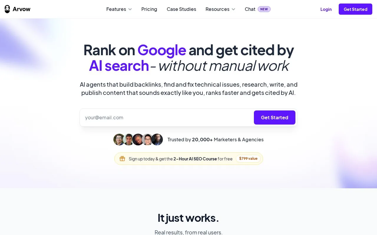 Screenshot of the Arvow homepage