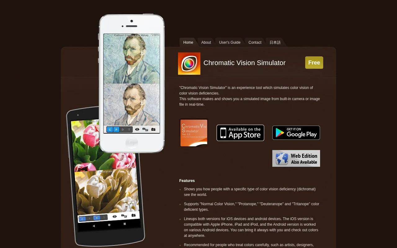 Screenshot of the Chromatic Vision Simulator homepage
