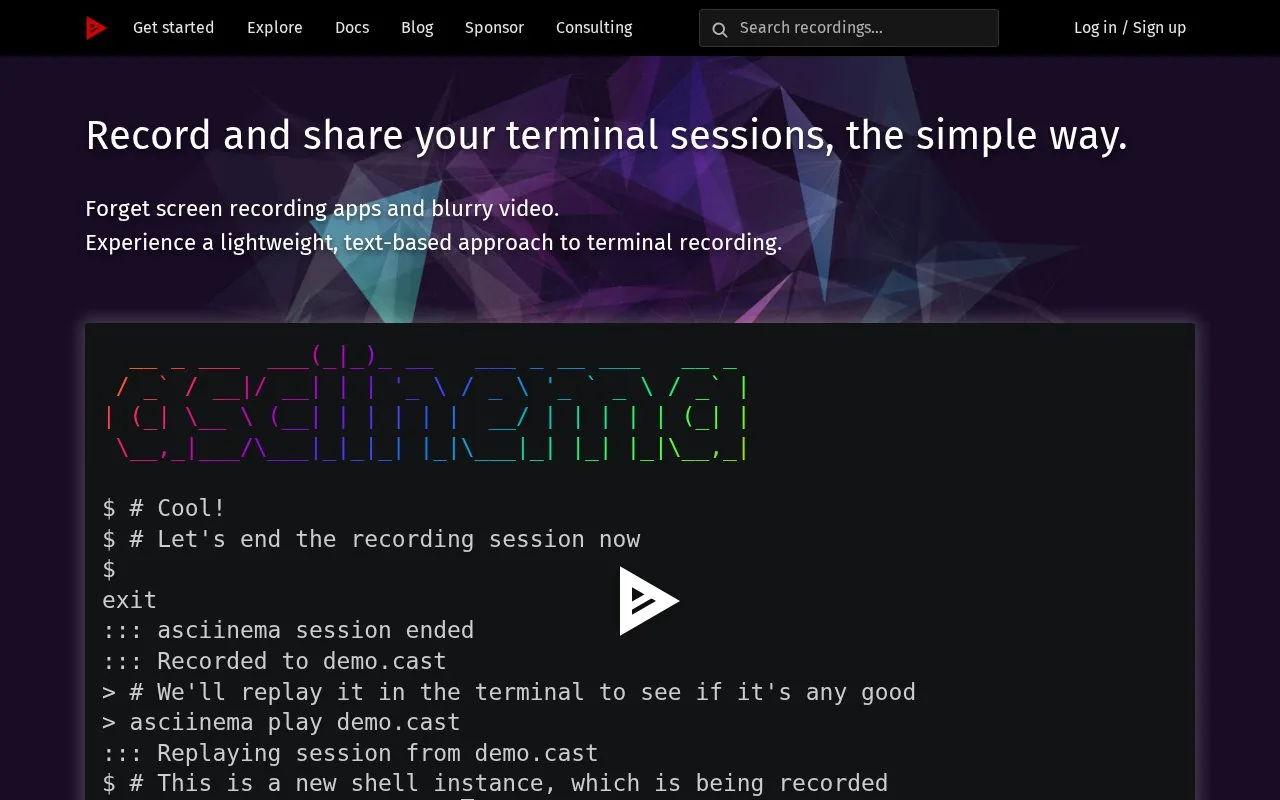 Screenshot of the asciinema homepage