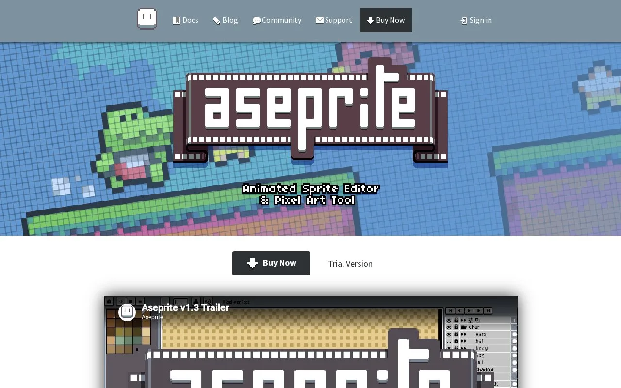 Screenshot of the Aseprite homepage