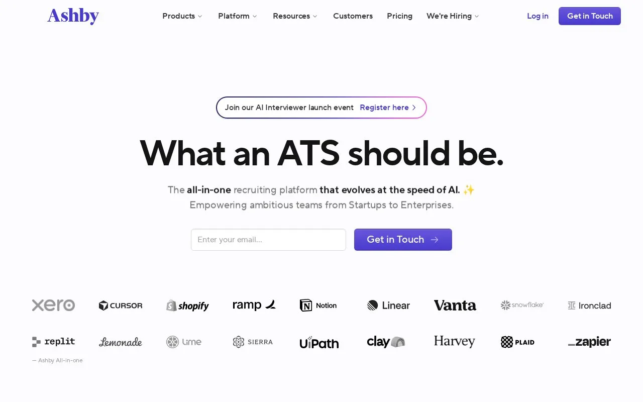 Screenshot of the Ashby homepage
