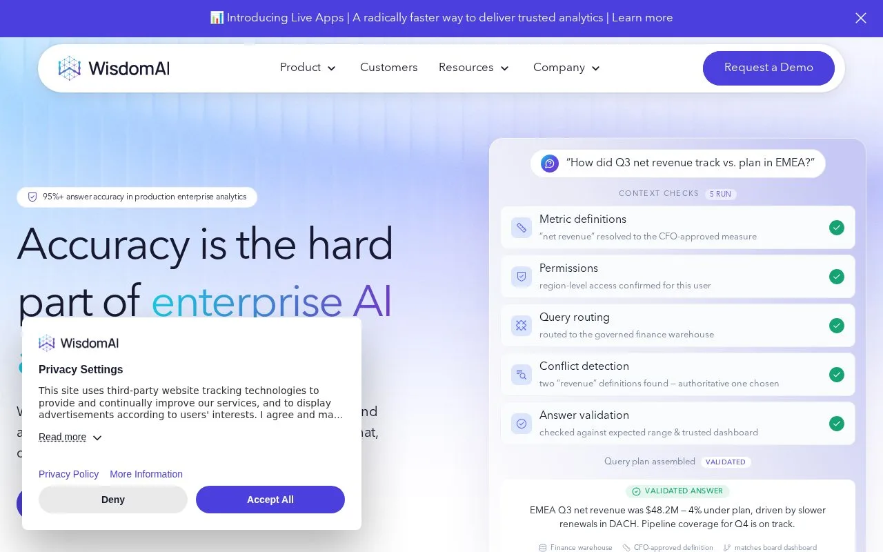 Screenshot of the WisdomAI homepage