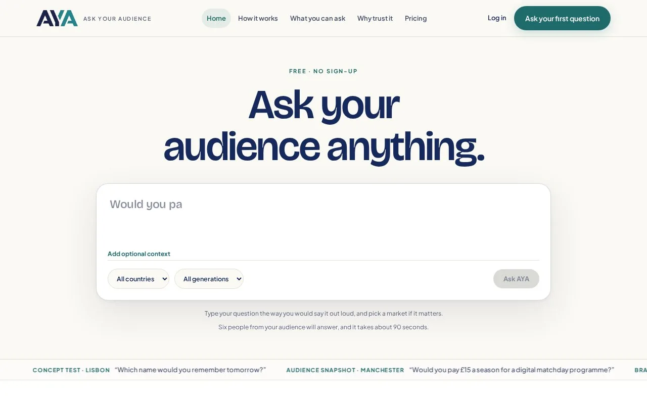 Screenshot of the AYA - Ask Your Audience homepage