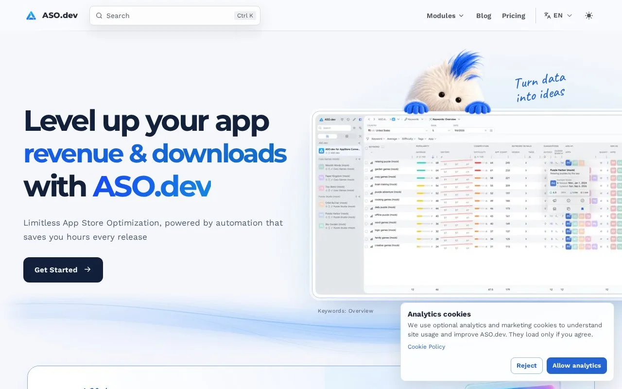 Screenshot of the ASO.dev homepage