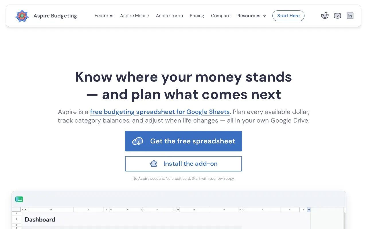 Screenshot of the Aspire Budgeting homepage