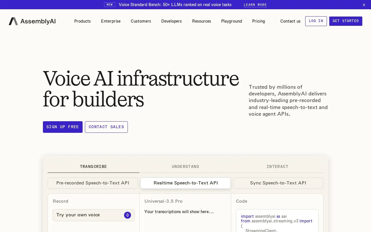 Screenshot of the AssemblyAI homepage