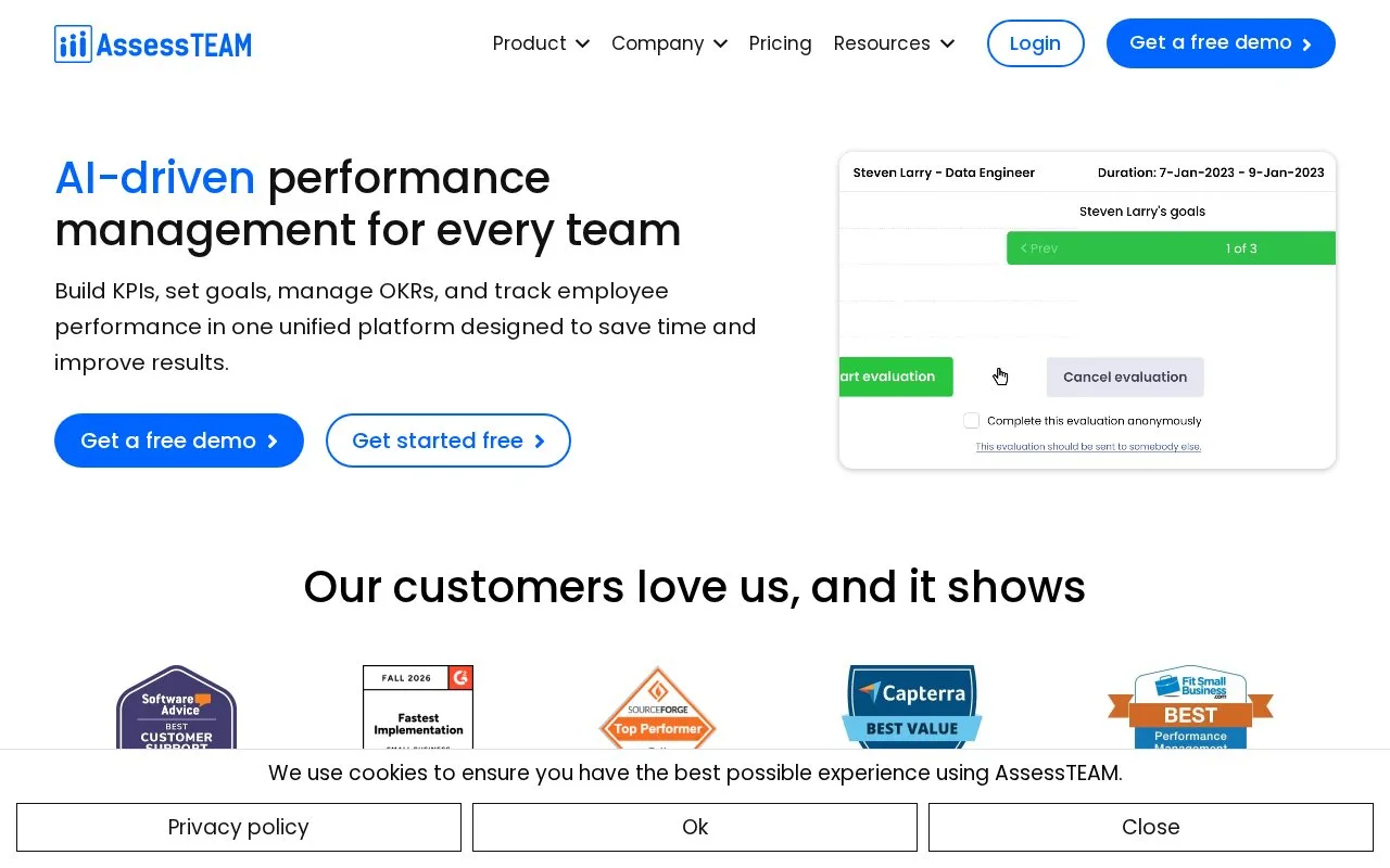 Screenshot of the AssessTEAM homepage