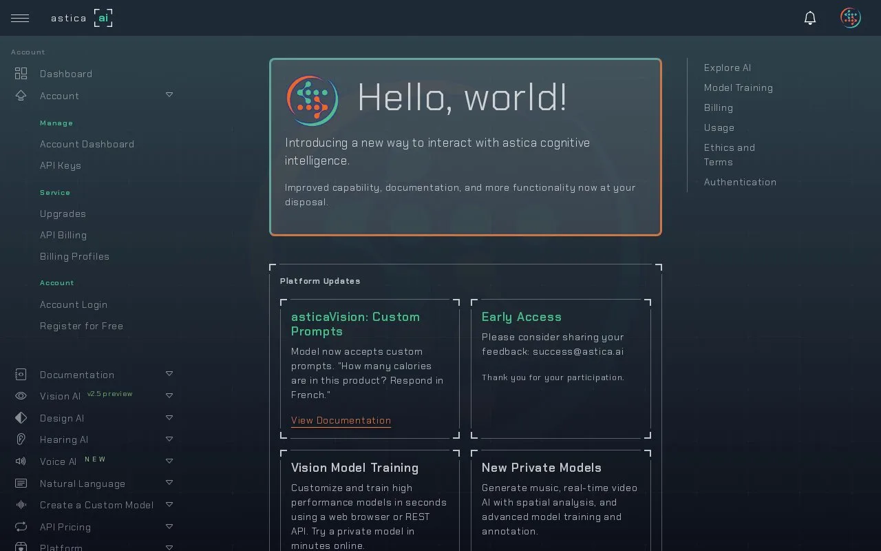 Screenshot of the astica ai homepage