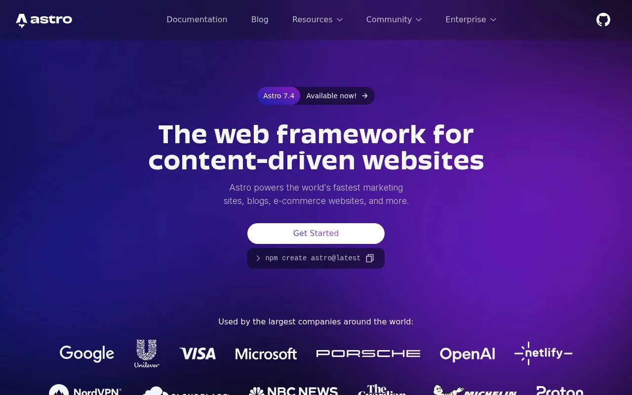 Screenshot of the Astro homepage