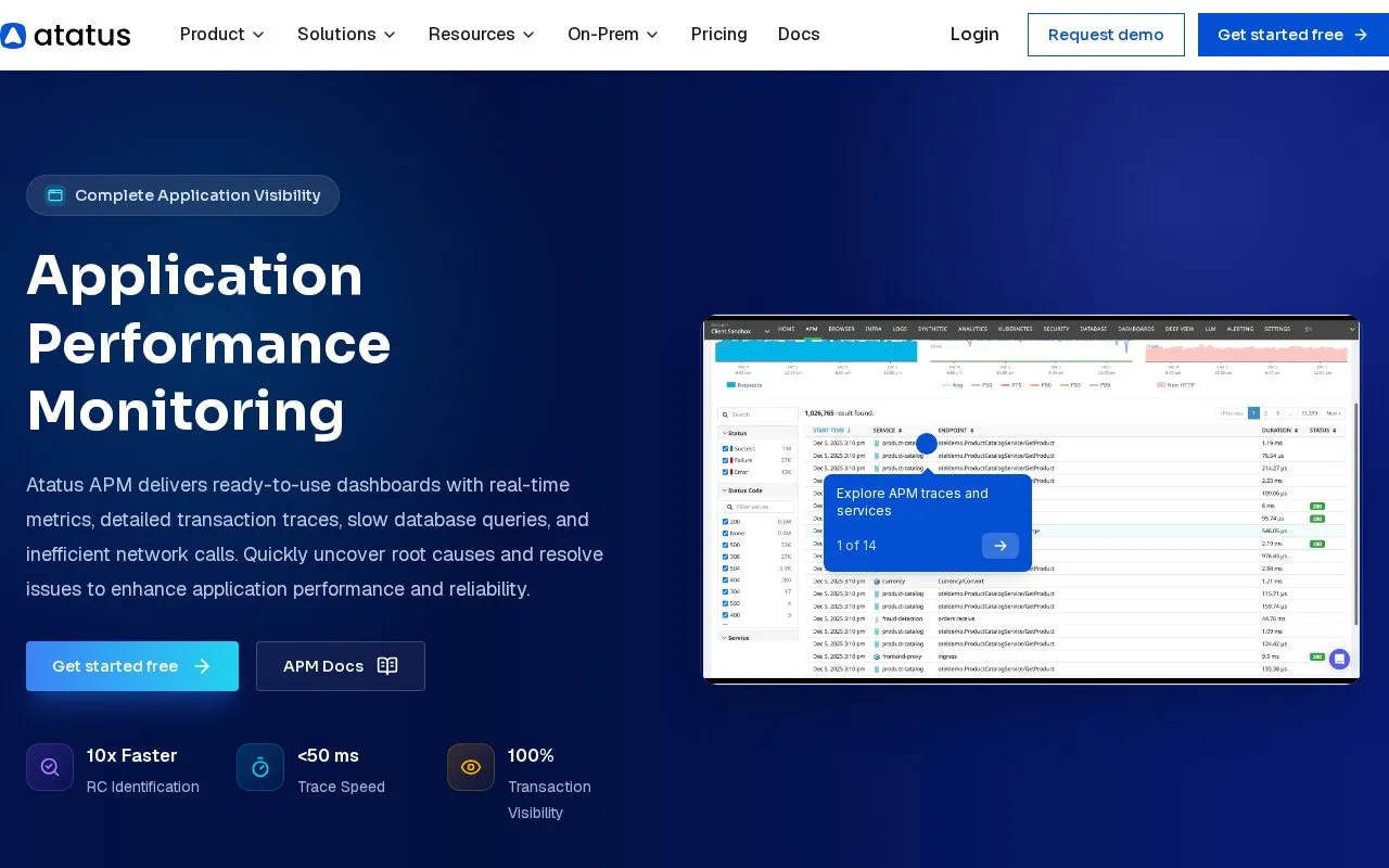 Screenshot of the Atatus APM homepage