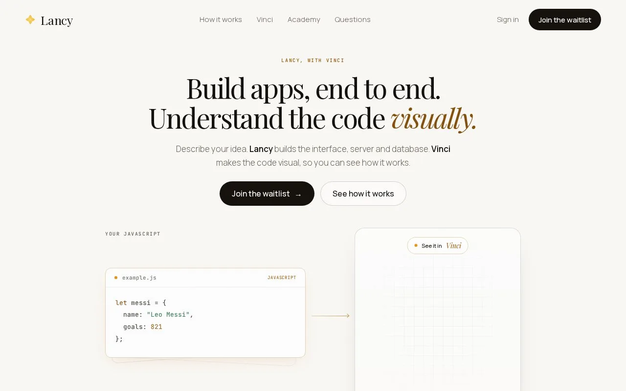 Screenshot of the Lancy homepage