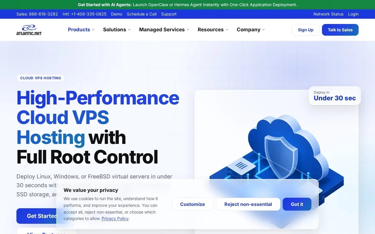 Screenshot of the Atlantic.Net Cloud VPS homepage