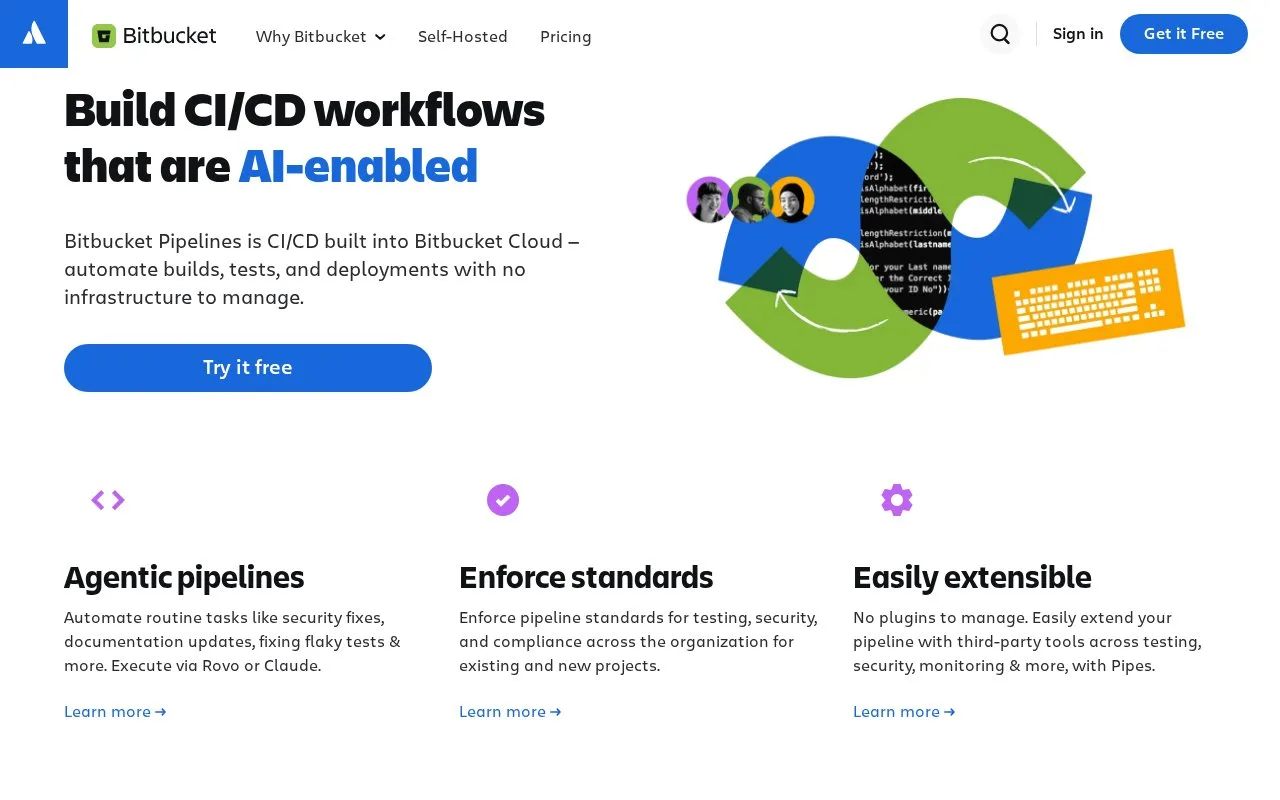 Screenshot of the Bitbucket Pipelines homepage