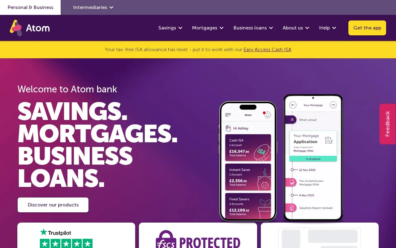 Screenshot of the Atom bank homepage