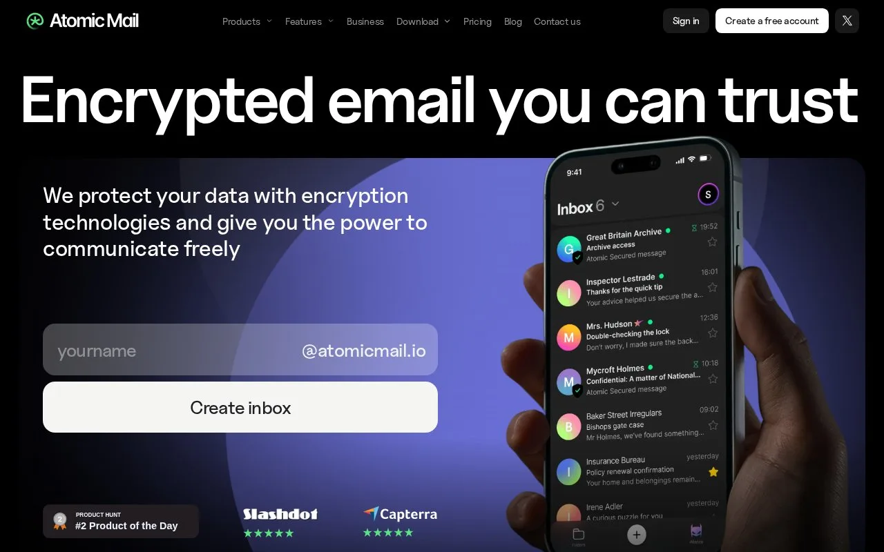 Screenshot of the Atomic Mail homepage