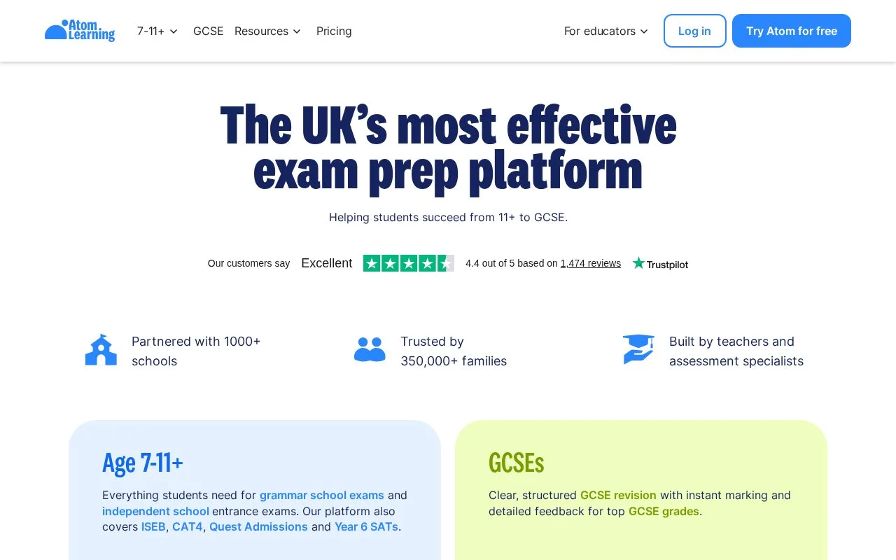Screenshot of the Atom Learning homepage