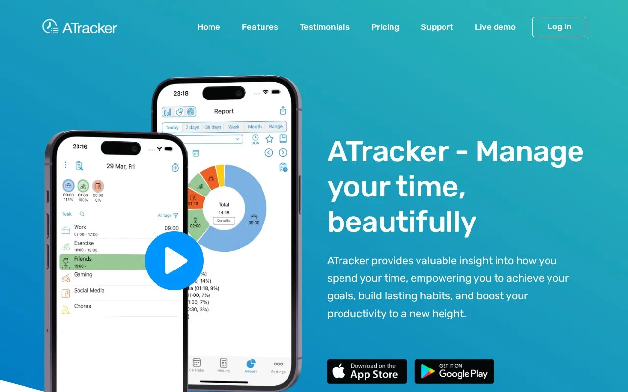 Screenshot of the ATracker homepage