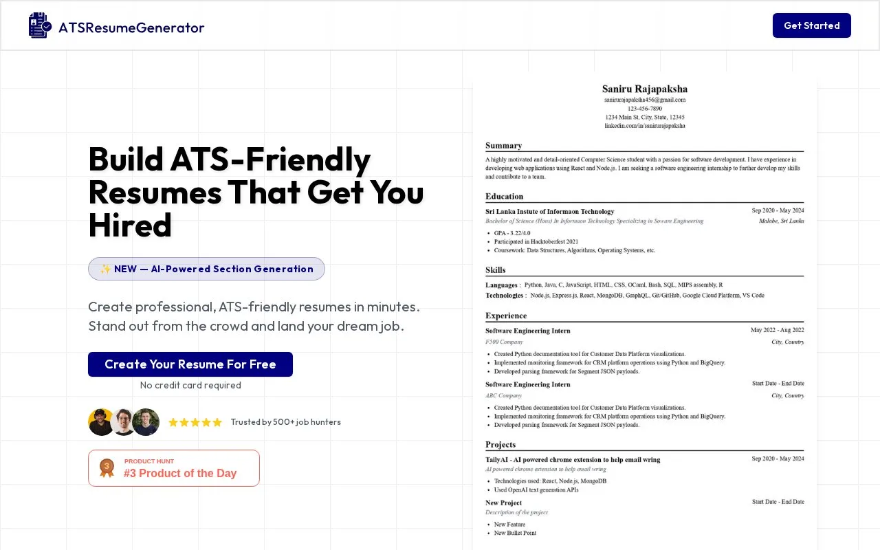 Screenshot of the ATSResumeGenerator homepage