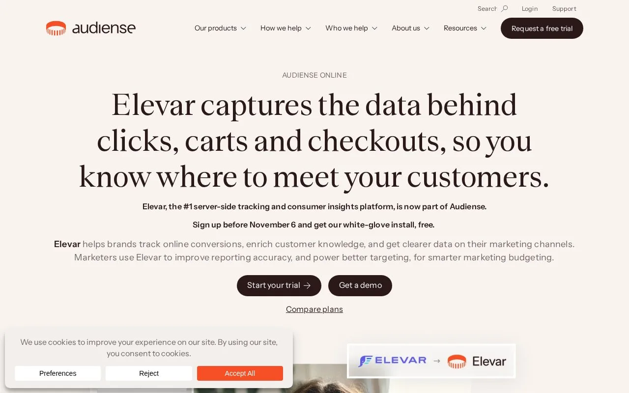 Screenshot of the Audiense Online (Elevar) homepage