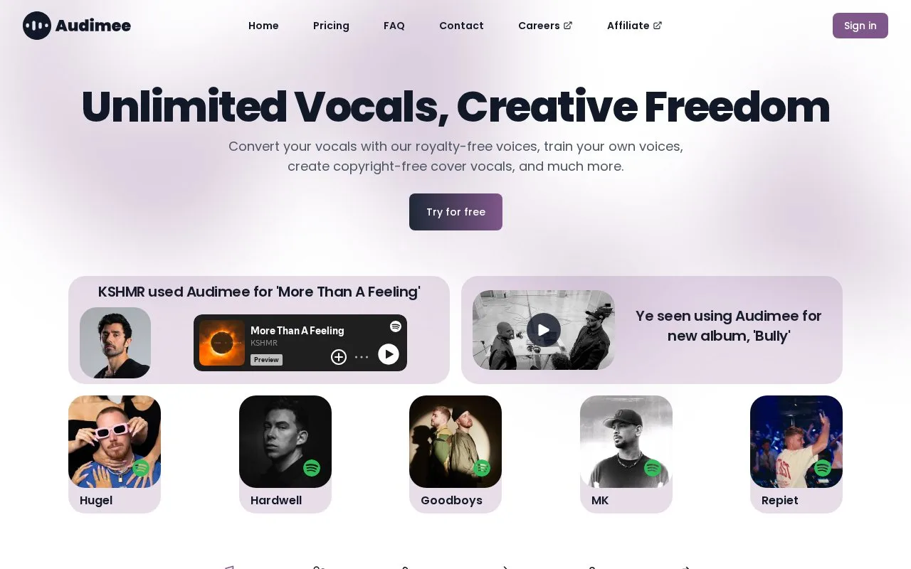 Screenshot of the Audimee homepage