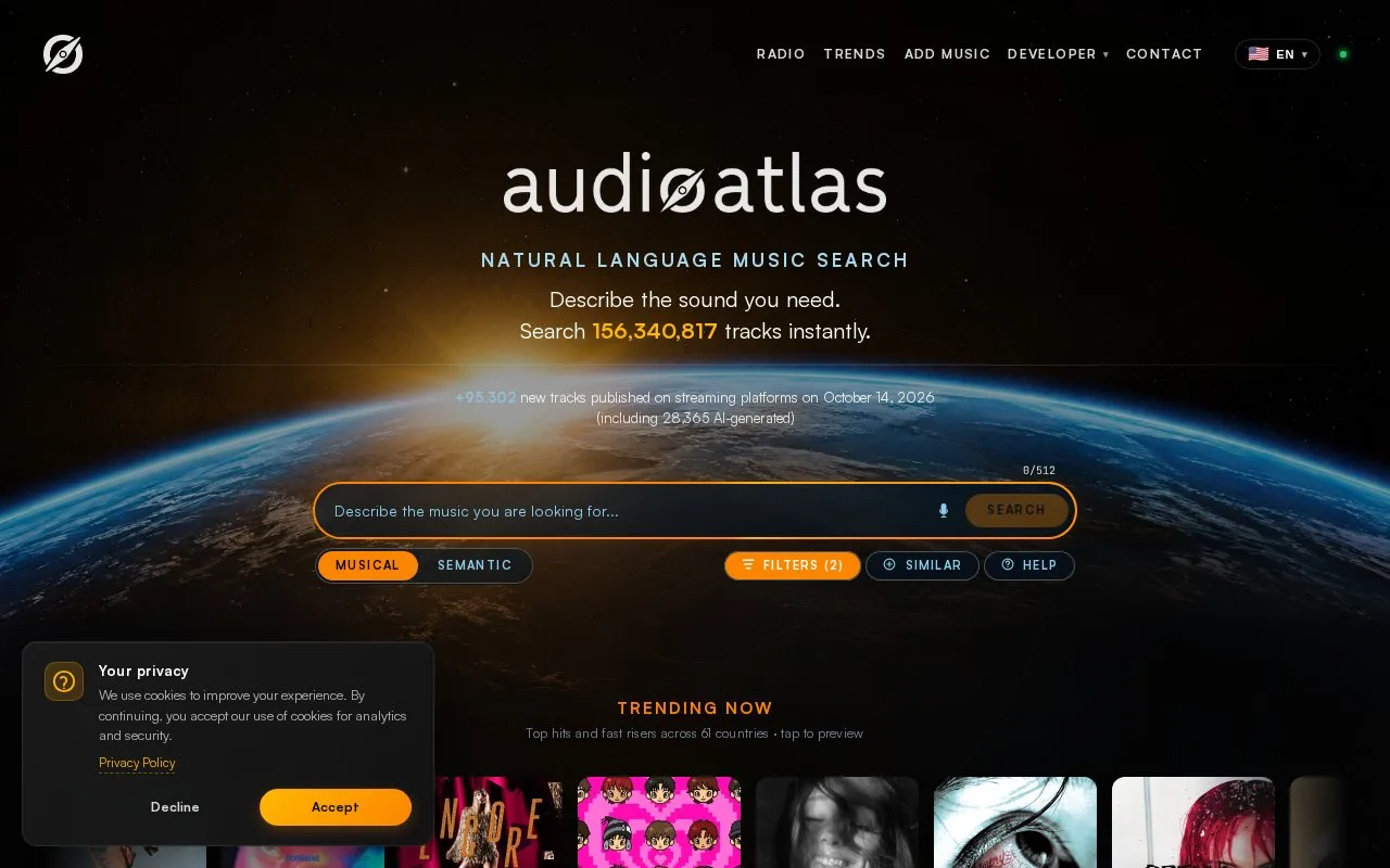 Screenshot of the AudioAtlas homepage