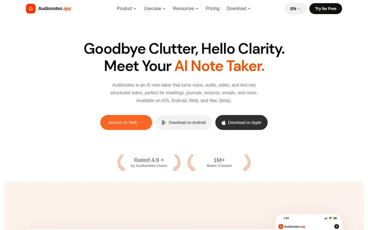 Screenshot of the Audionotes homepage
