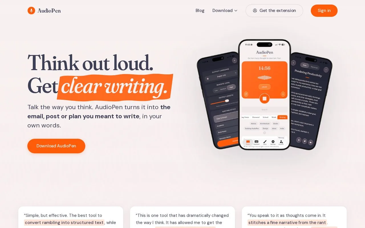 Screenshot of the AudioPen homepage