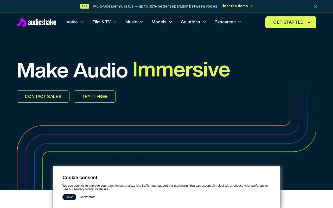 Screenshot of the AudioShake homepage