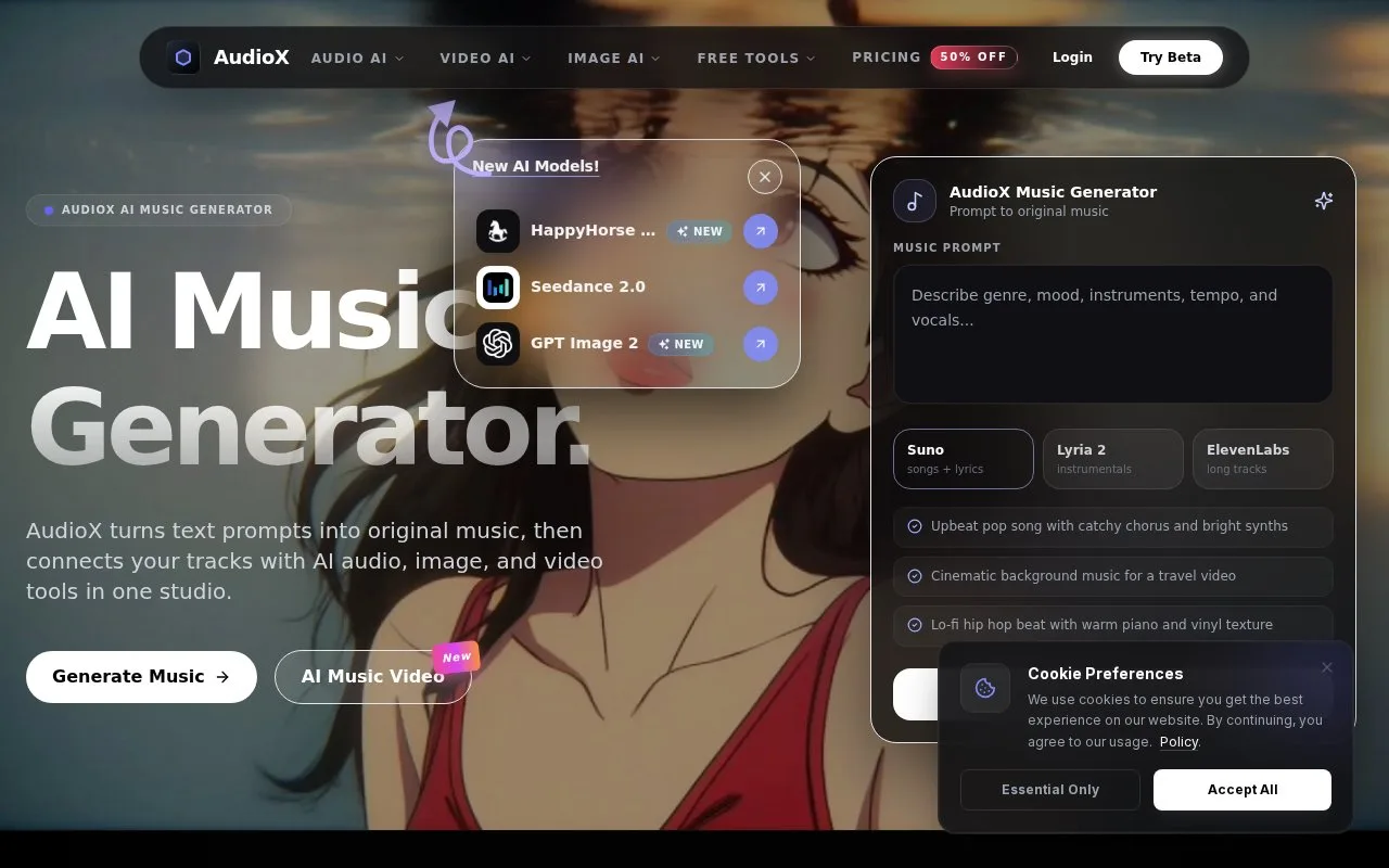 Screenshot of the AudioX homepage