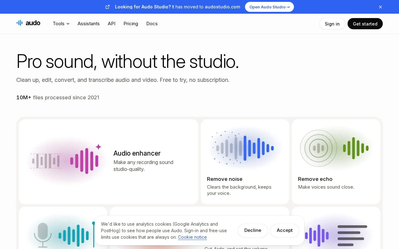 Screenshot of the Audo homepage