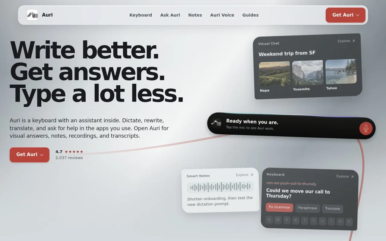 Screenshot of the Auri homepage