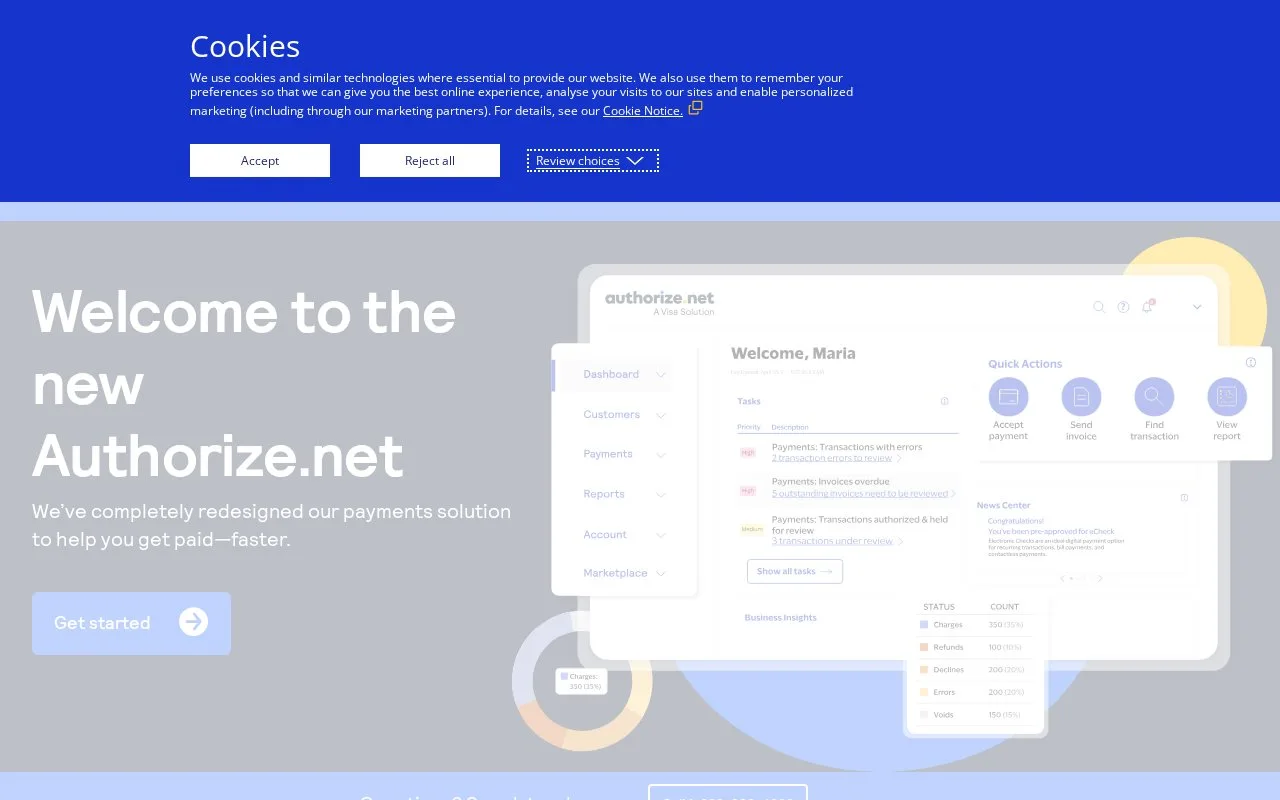 Screenshot of the Authorize.net homepage
