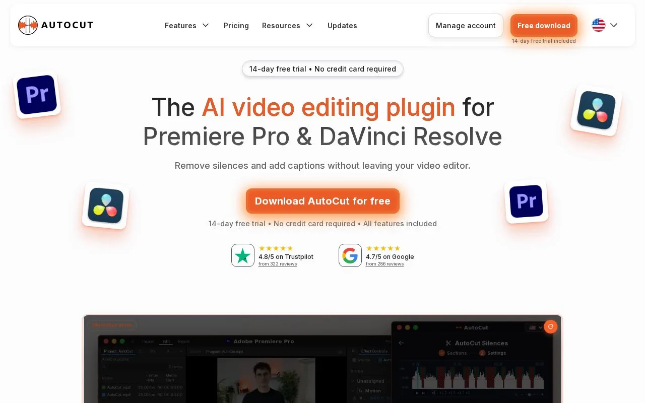 Screenshot of the AutoCut homepage