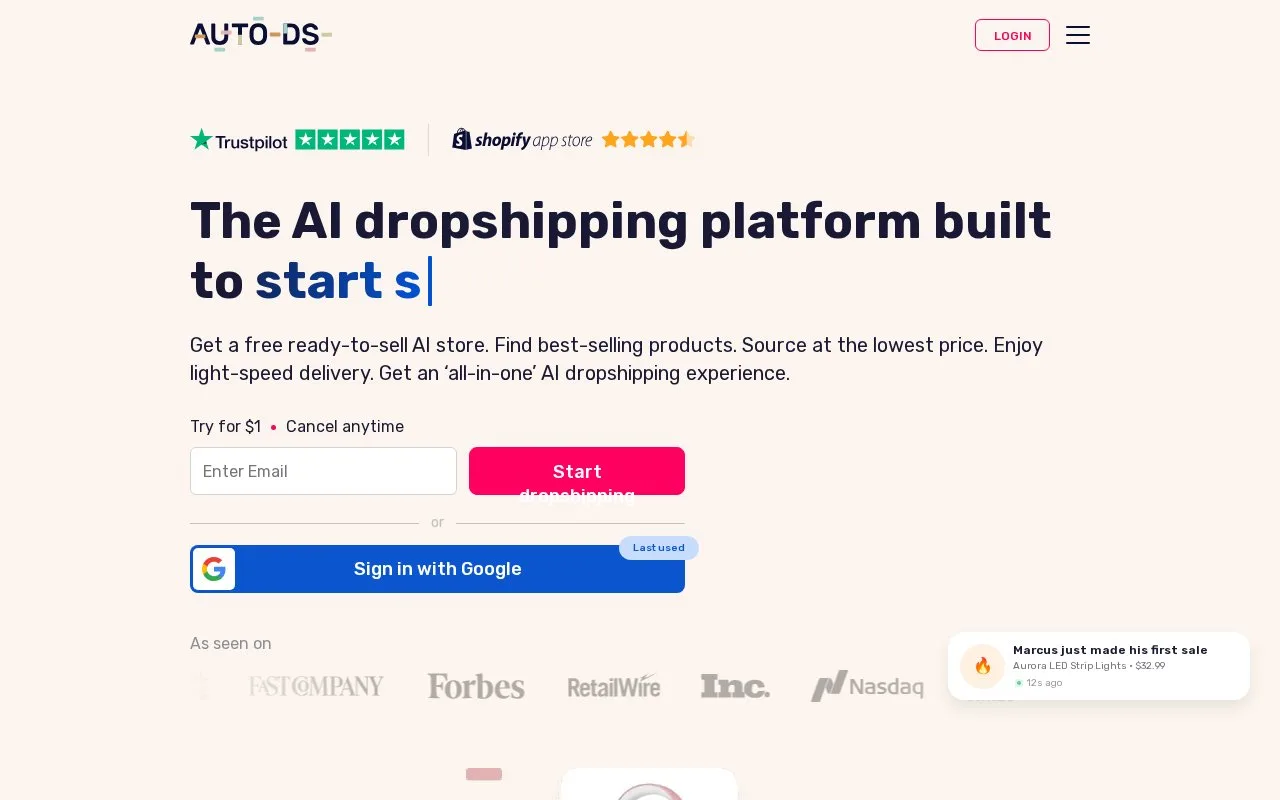 Screenshot of the AutoDS homepage