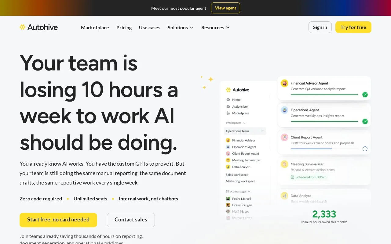 Screenshot of the Autohive homepage