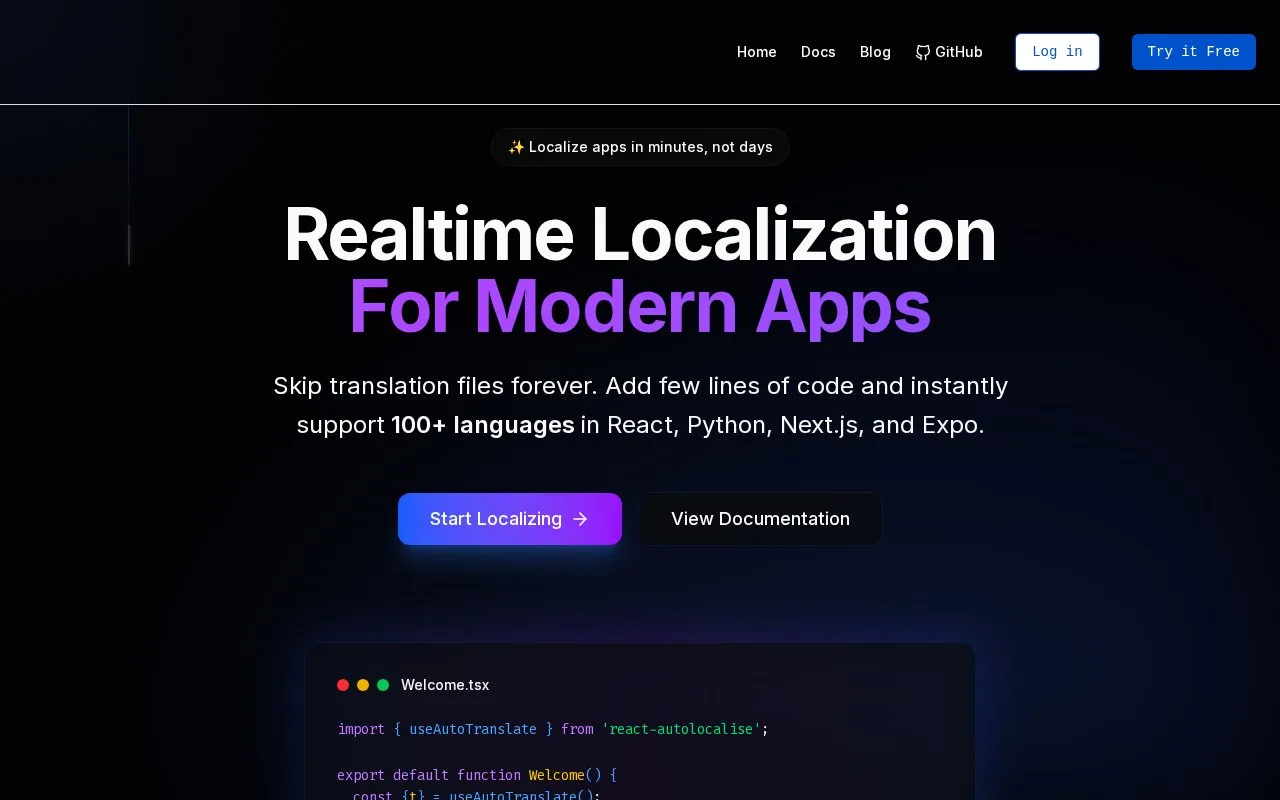 Screenshot of the AutoLocalise homepage